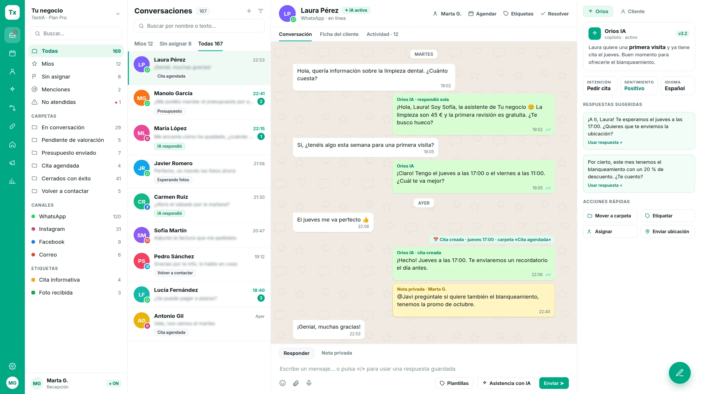 La bandeja de TextiA: carpetas, conversaciones, chat y copiloto IA